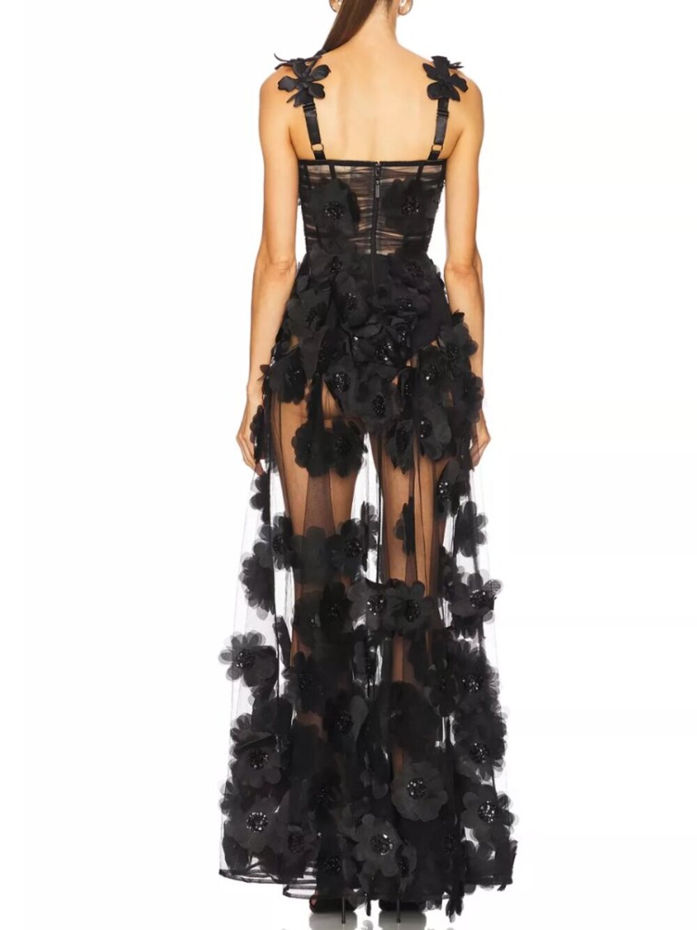 Bronx and Banco Rosalie Maxi Dress Gown Black Noir Floral-Appliqué Tulle - Picture 4 of 10